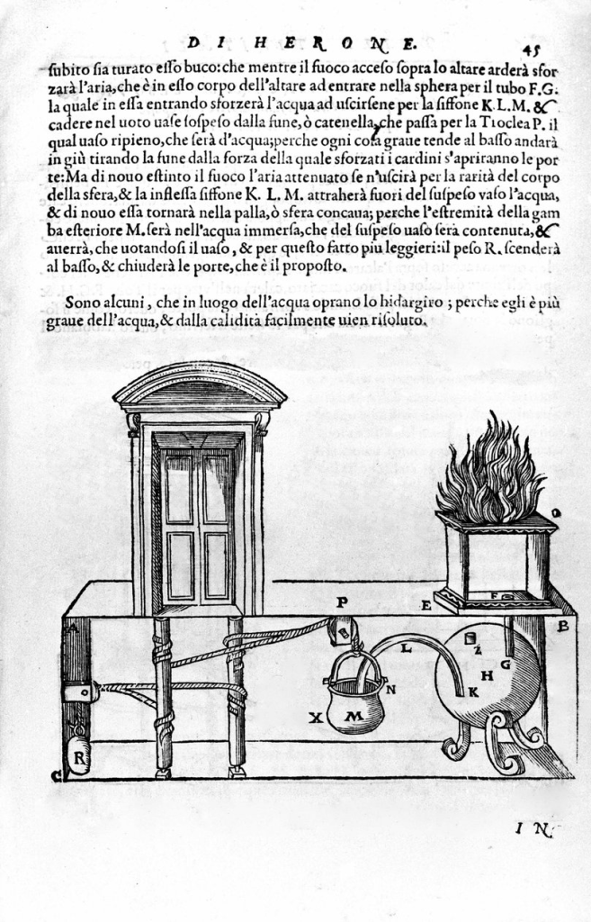 Automatic Mechanism Designed by Heron of Alexandria (the Elder) (1st Century) for Opening and Closing the Doors of a Temple. Heron, Spiritalia